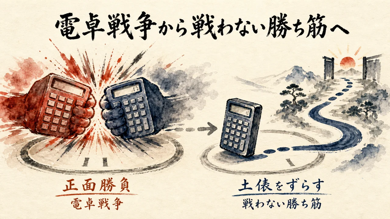 電卓戦争のような正面勝負から戦わずに勝つ土俵をずらす発想への転換を示す図解