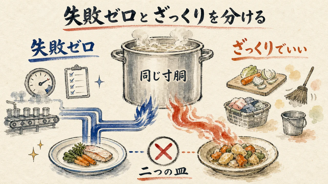 失敗ゼロの鍋とざっくりの鍋を分けて置く対比図解