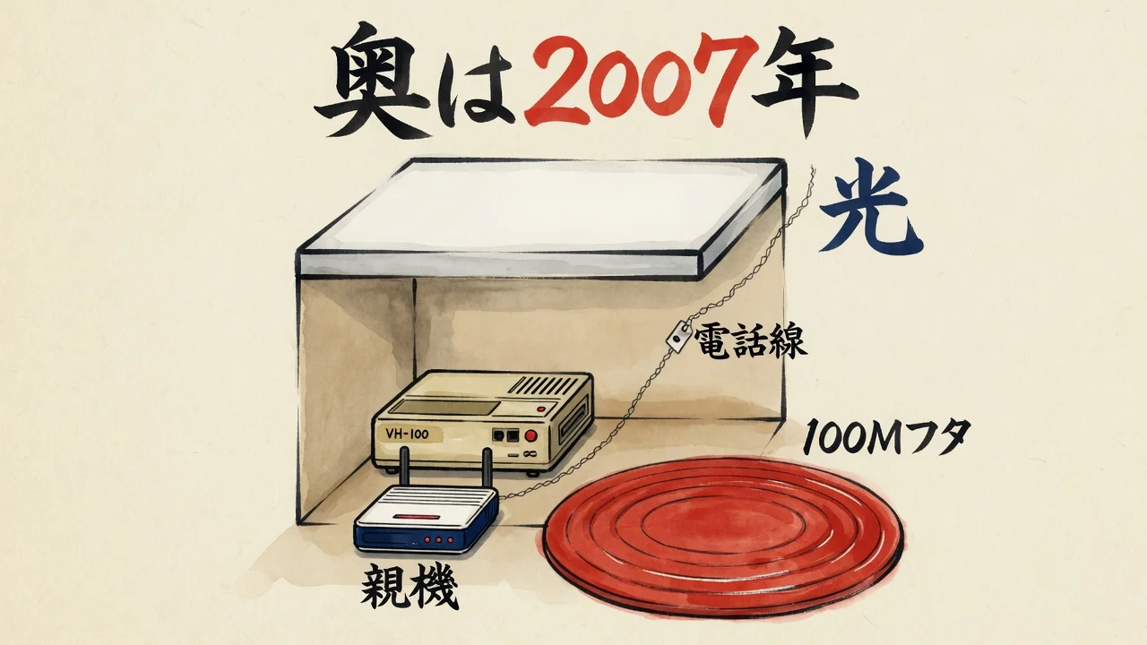 奥は2007年。光・電話線・VH-100・100Mフタの階層図解