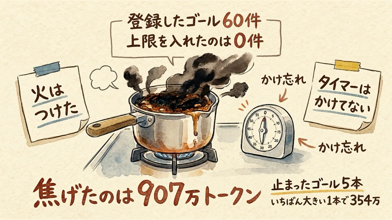 停止条件を数字で入れず907万トークンが焦げたことを示す、鍋とタイマーの図解