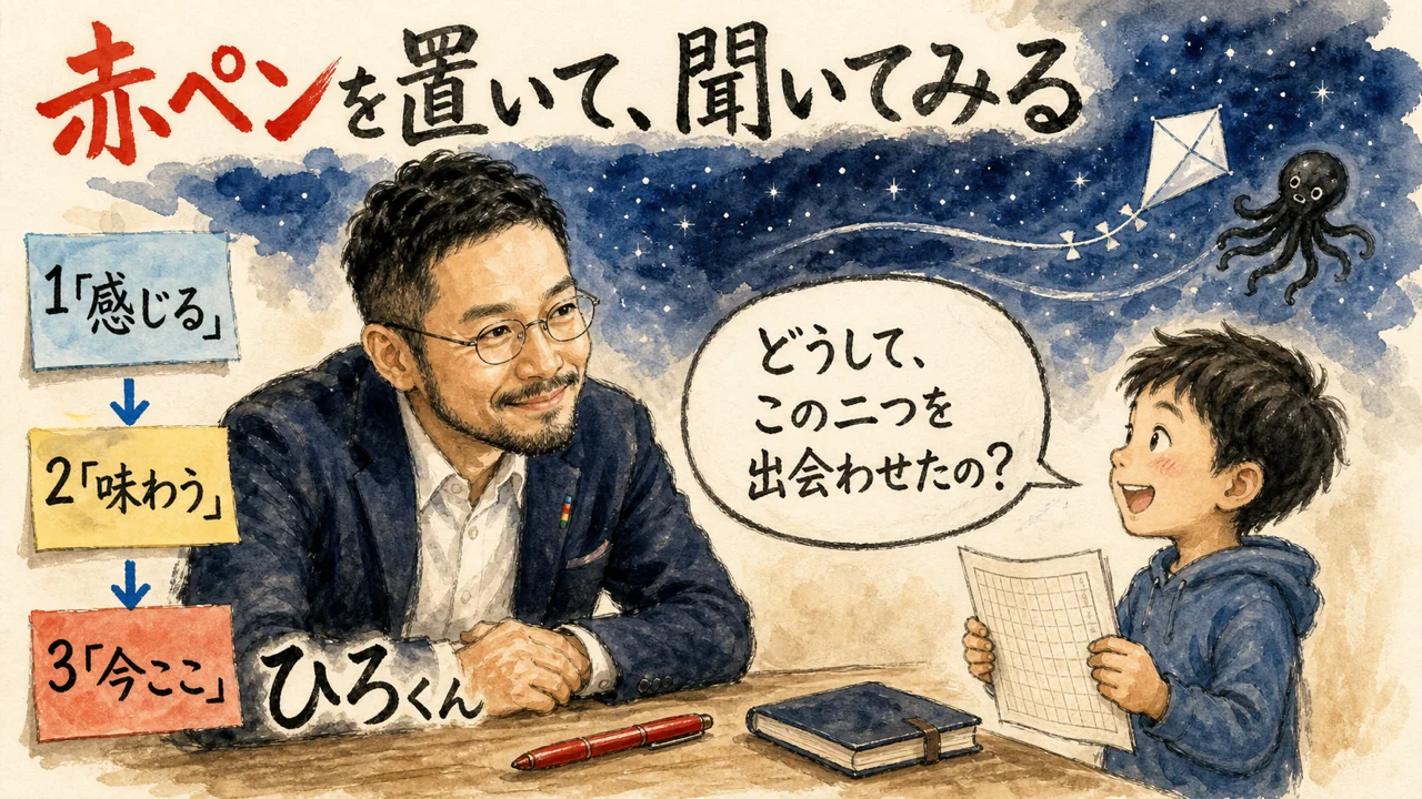 赤ペンを机に置いたひろくんが、原稿用紙を持った子どもに『どうして、この二つを出会わせたの？』と聞いている手描き水彩の図。左に『感じる／味わう／今ここ』の付箋