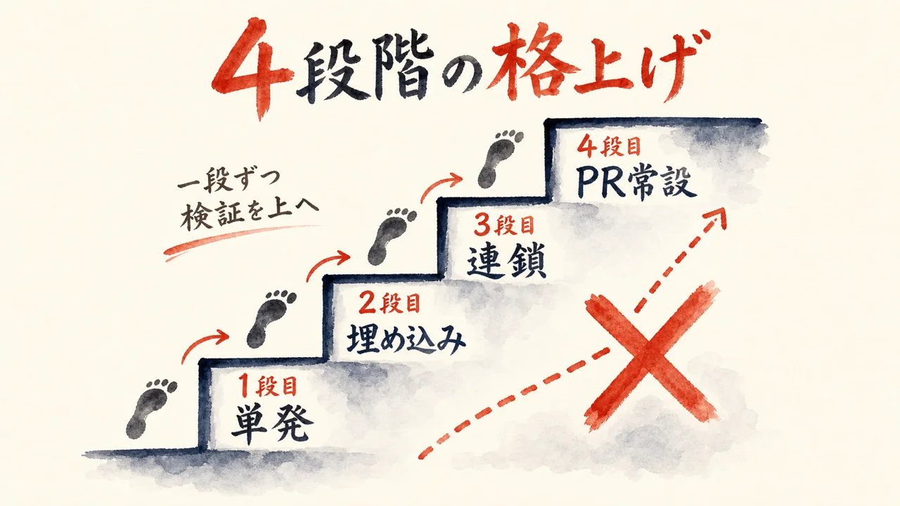 単発・埋め込み・連鎖・PR常設、4段階の格上げを示す図解