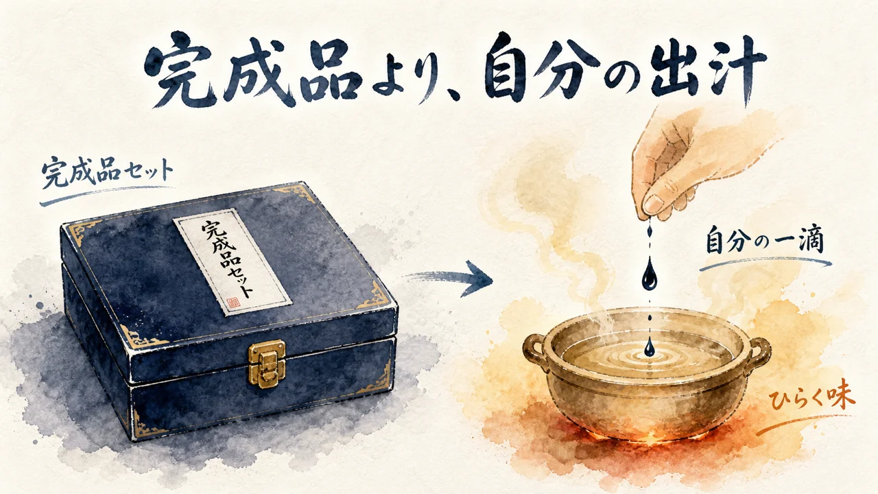 完成した厨房セットより自分の出汁を注ぐことを示す図解