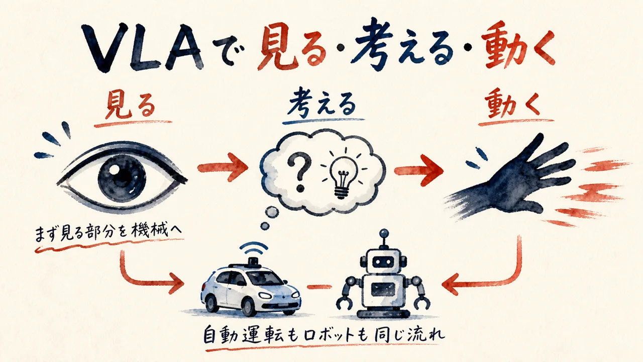 見る・考える・動くの三段階を分けて機械へ渡すVLAの仕組みを示す図解