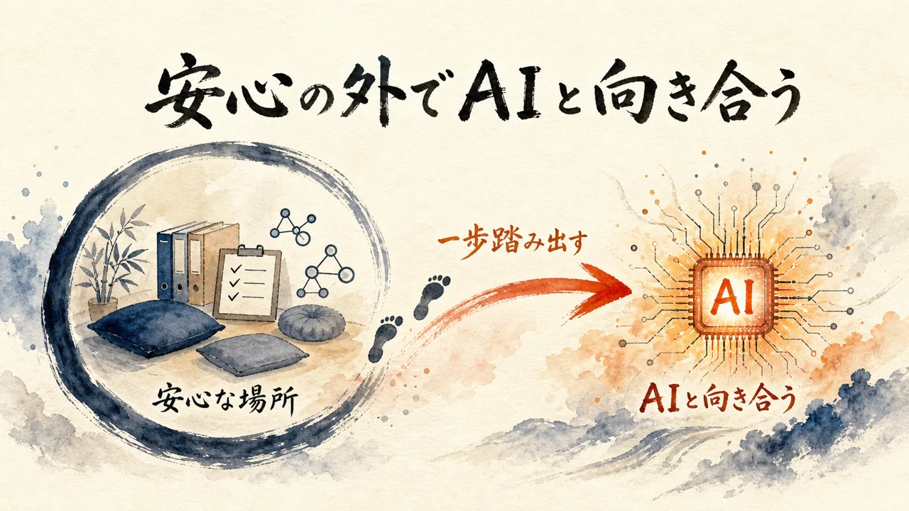 安心な場所の外でAIと向き合う図解