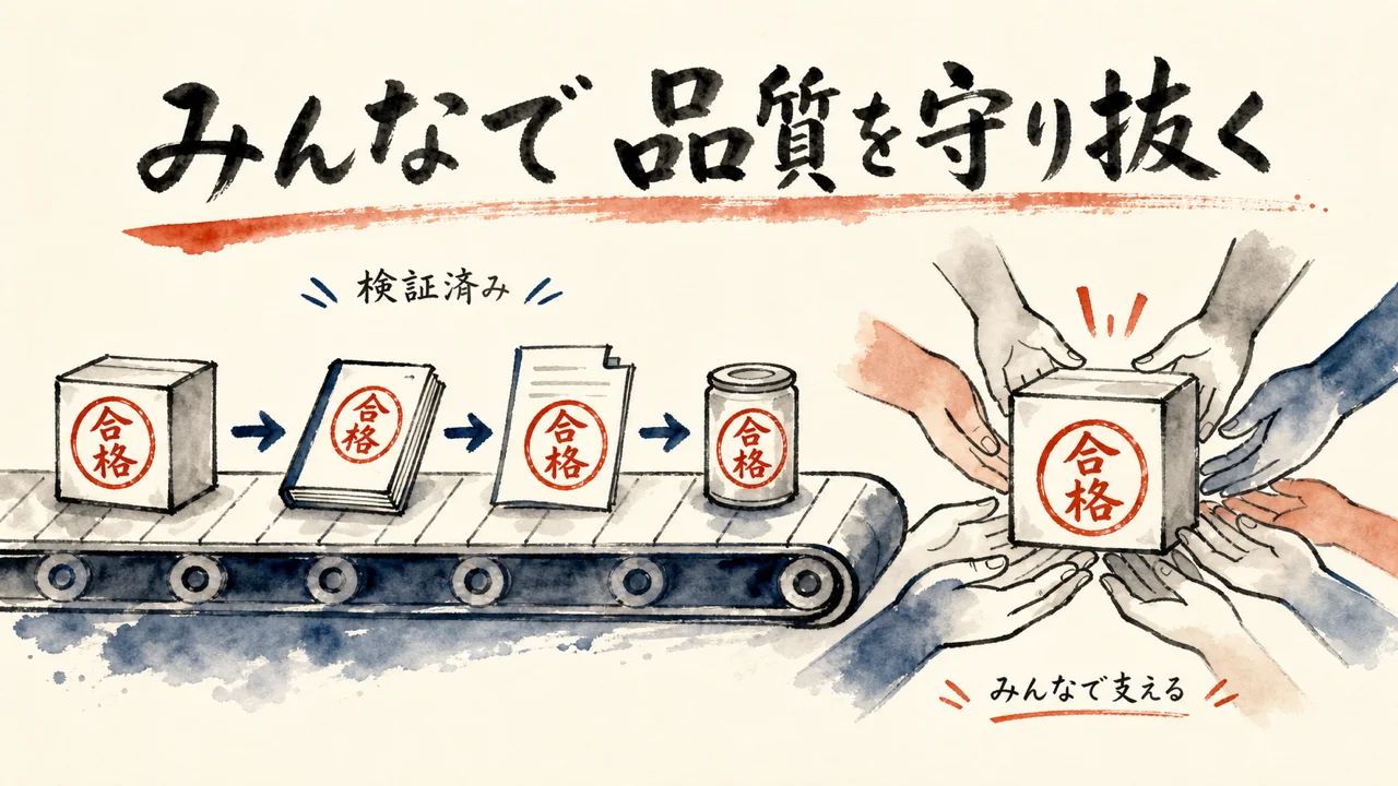 みんなで品質を守り抜くベルトコンベアを示す図解