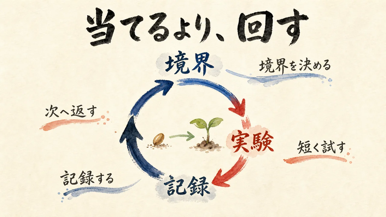 境界を決め短く試し記録を次へ返す小さな循環を示す図解