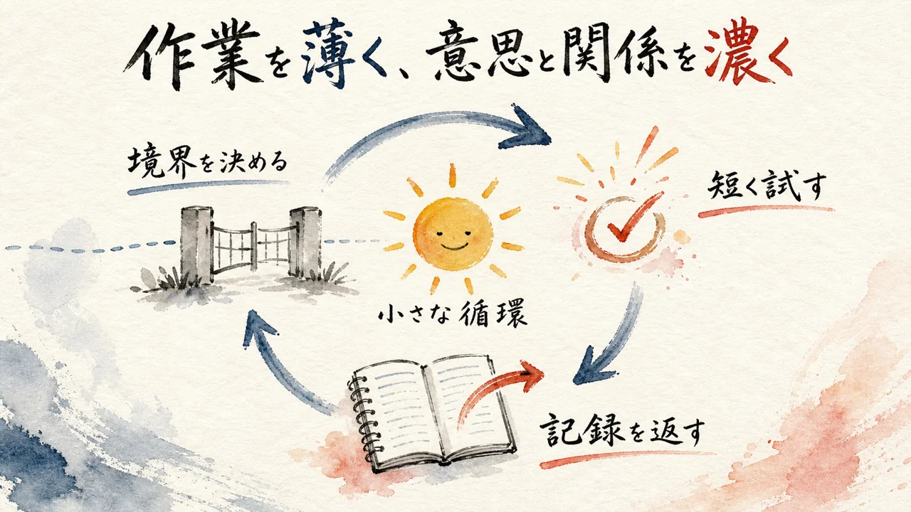 境界を決め短く試し記録を返す循環を示す図解