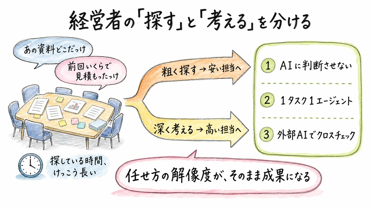 これ、経営者の「探す」と「考える」の分け方の話でもある