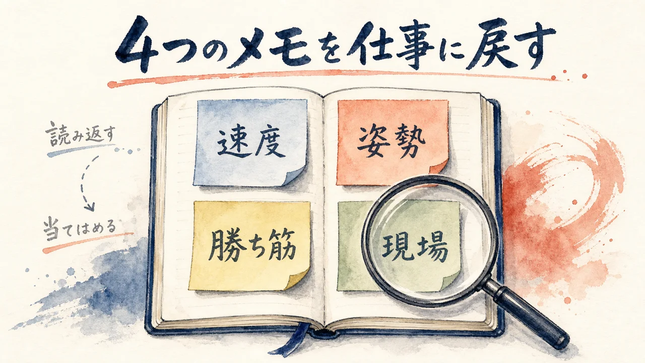 視聴後に4つのメモを仕事に当てはめて振り返る様子を示す図解