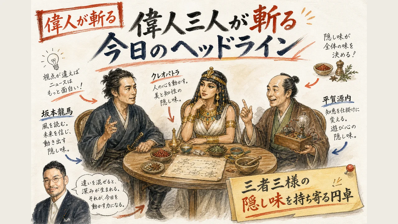 坂本龍馬・クレオパトラ・平賀源内が今日のヘッドラインを議論するイメージ図解