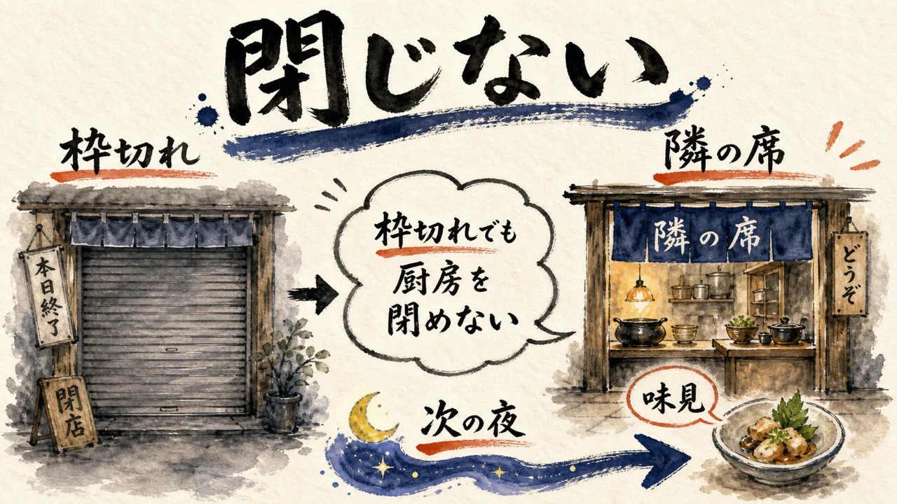 閉じない。枠切れの閉店シャッターと、隣の席の開いた厨房