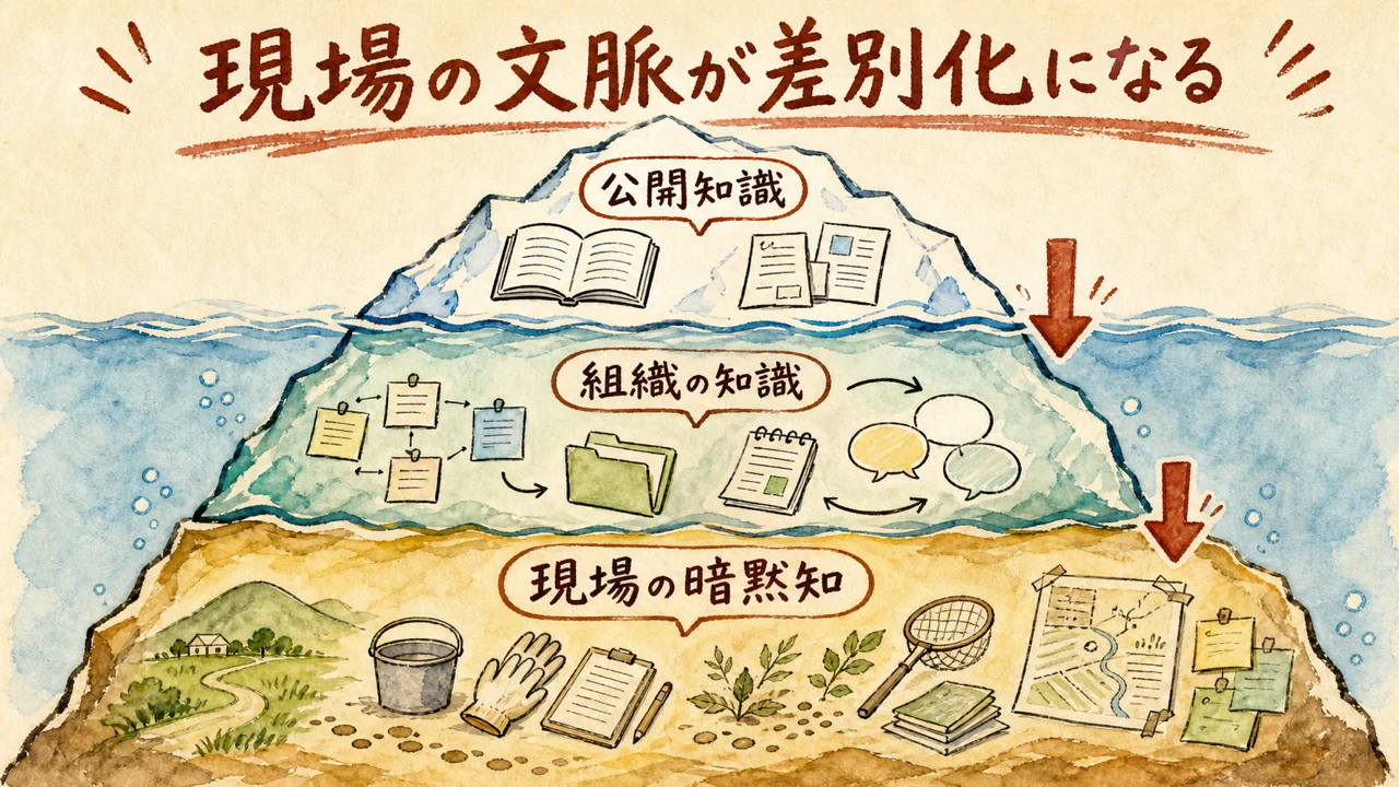 3．AI時代の差別化は「知識の量」から「現場の文脈」へ移るの図解