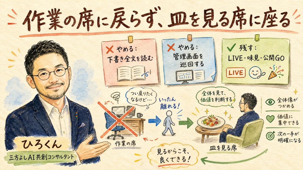 作業の席に戻らず皿を見る席に座る