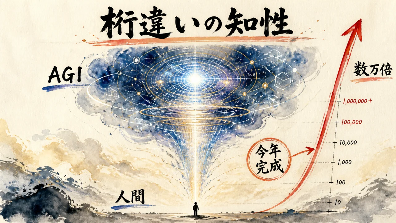 人間の数万倍の知性を持つAGIが今年完成するというスケール感を示す図解
