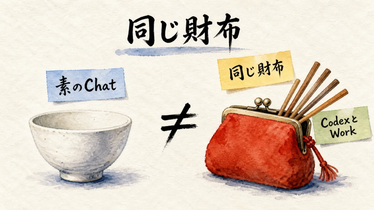 見出し図解。素のChatと、Codex・Workが同じ財布を使う対比
