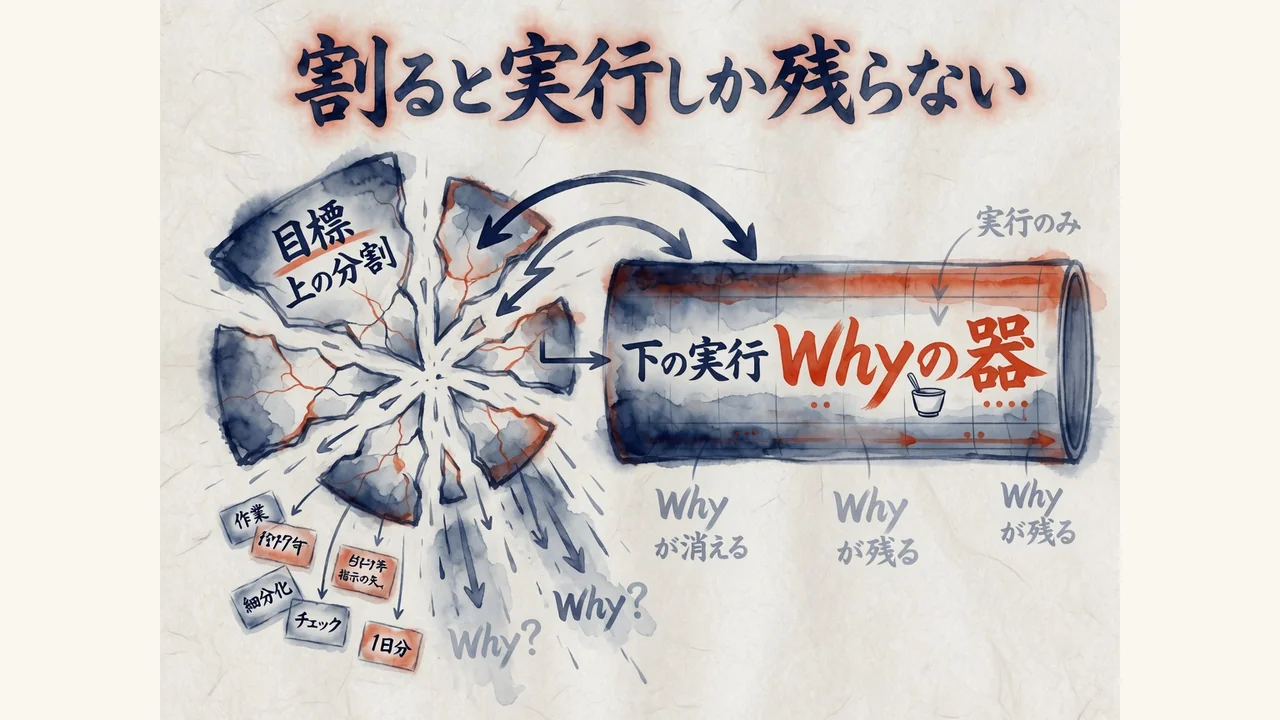 割ると実行しか残らない。上が分解し下が実行する図