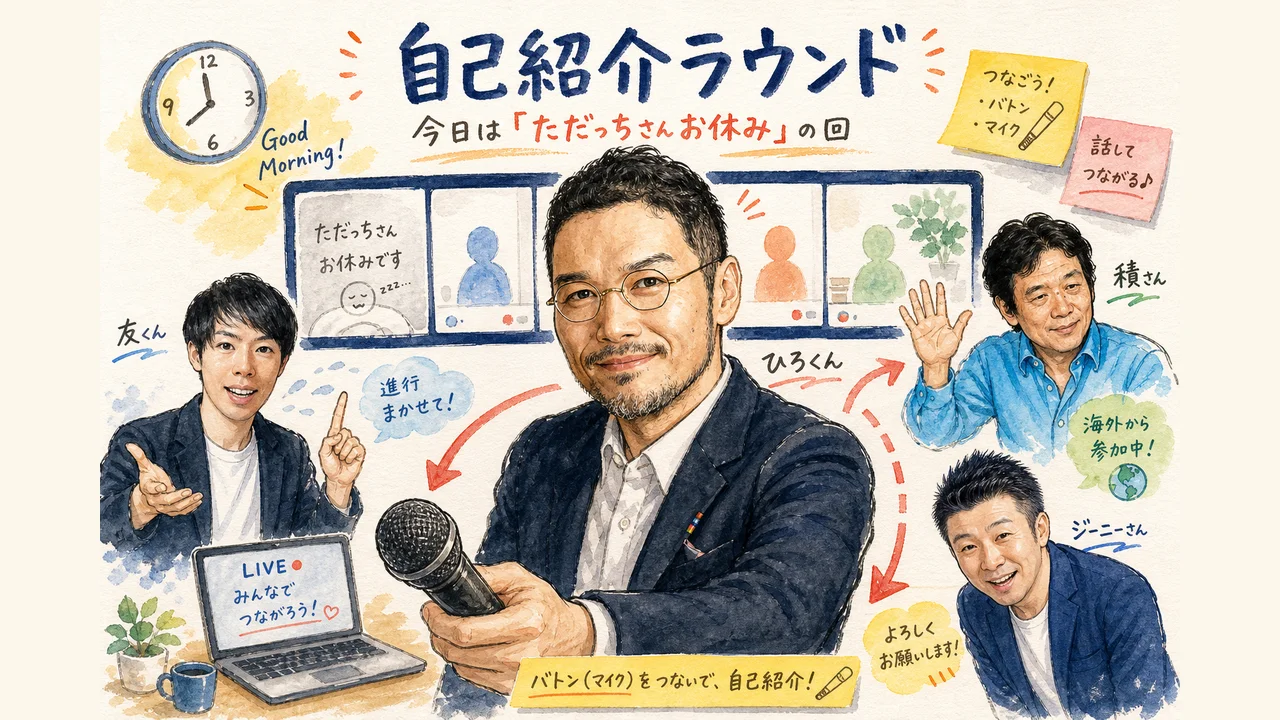 自己紹介ラウンド、今日は「ただっちさんお休み」の回 グラフィックレコーディング
