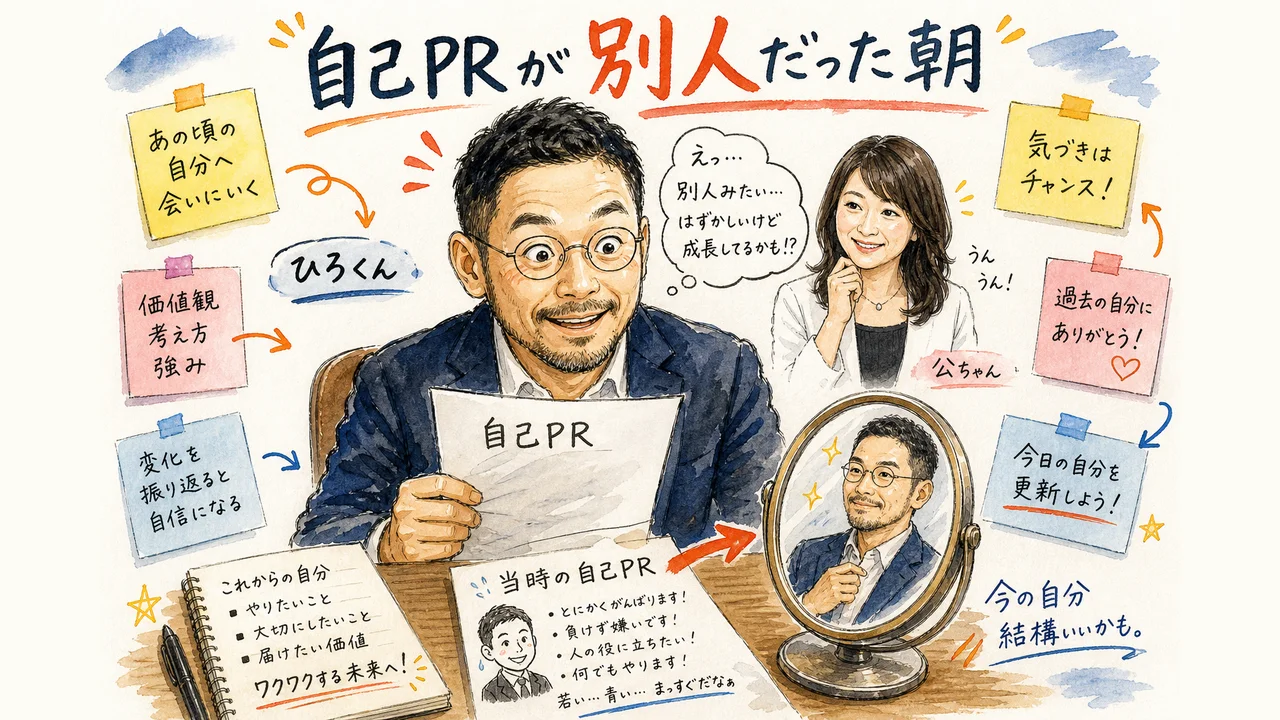 自己PRが別人だった朝——昔の自己PRの紙と今の自分を見比べて変化に気づくひろくんのグラレコ図解