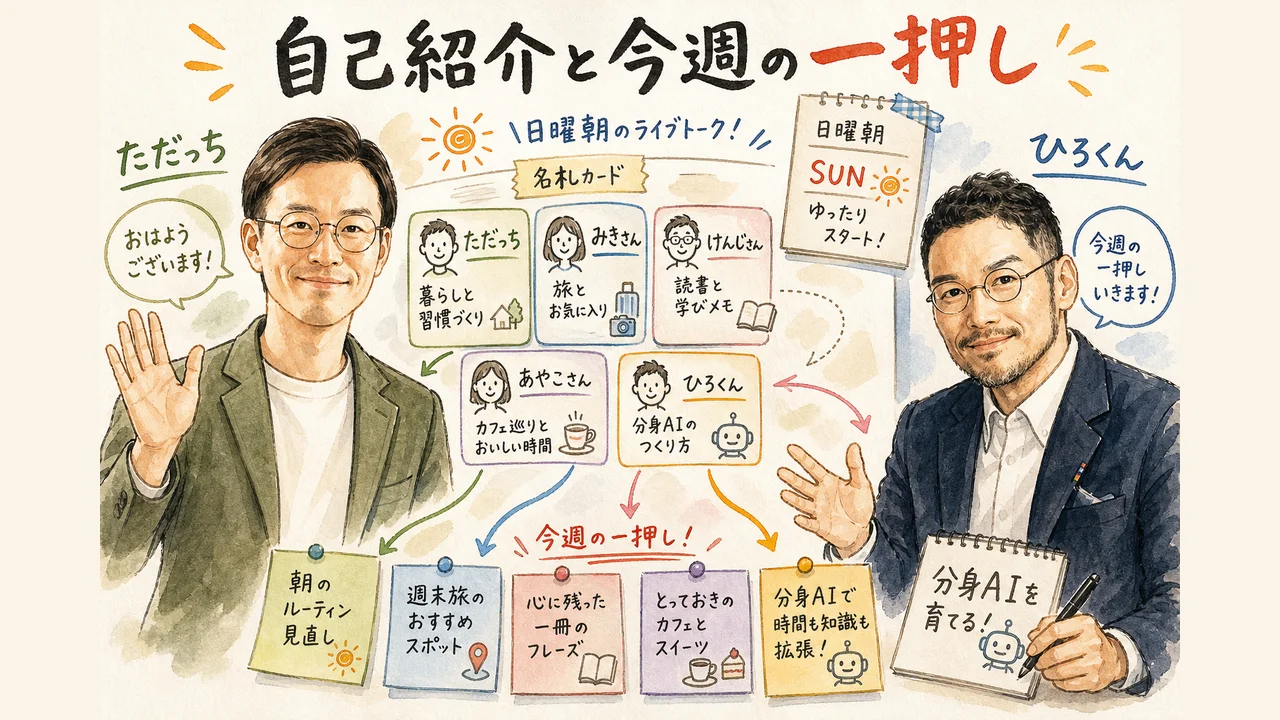ただっち・ひろくん・積さん・ジーニーさん・友くんが日曜朝に集まって自己紹介する様子