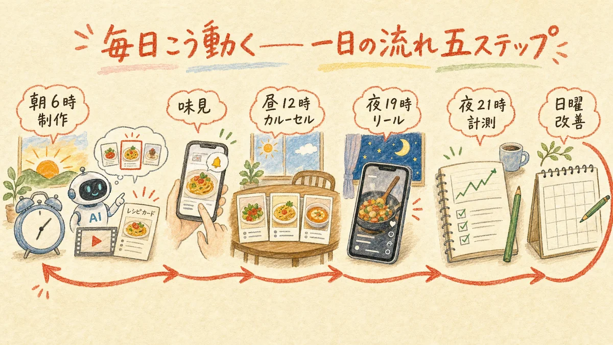 毎朝の制作から夜の計測まで1日の流れを5ステップで示した図解