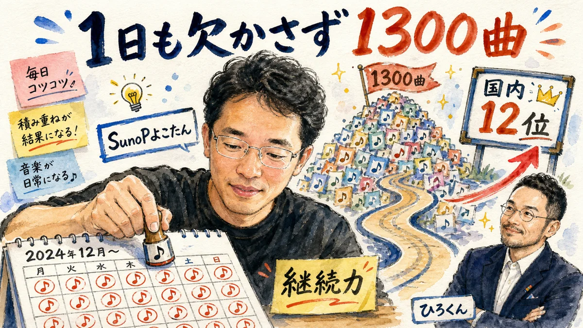 SunoPよこたんの自己紹介と1300曲継続の図解