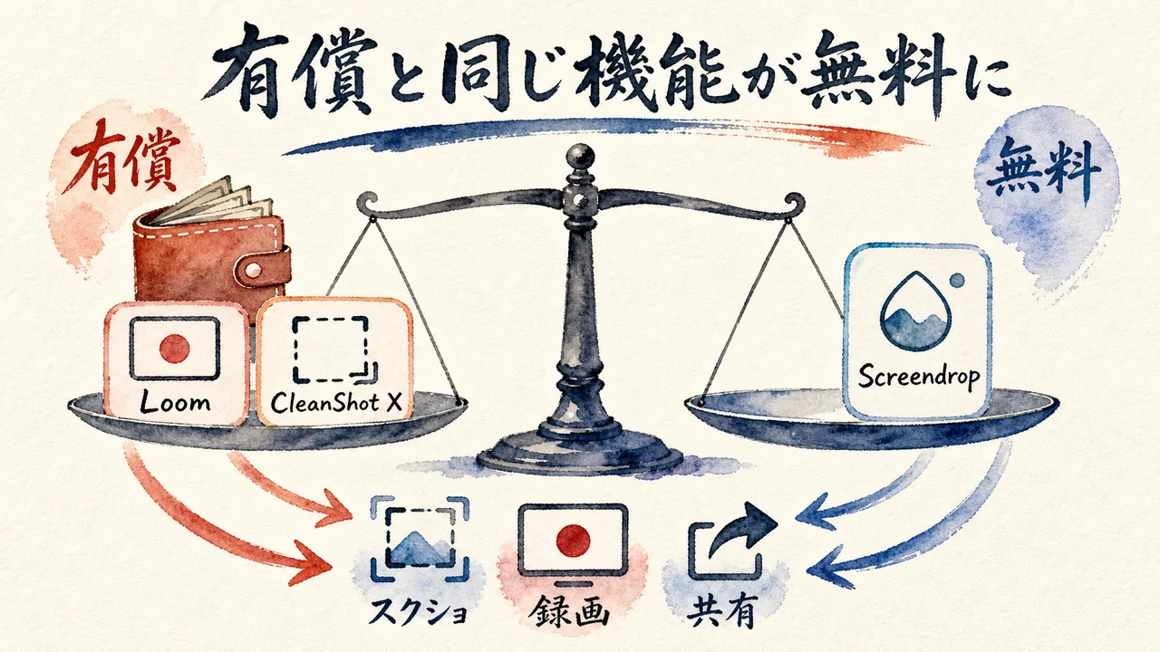 有償ツールと同じ機能が無料になる、天秤の図解