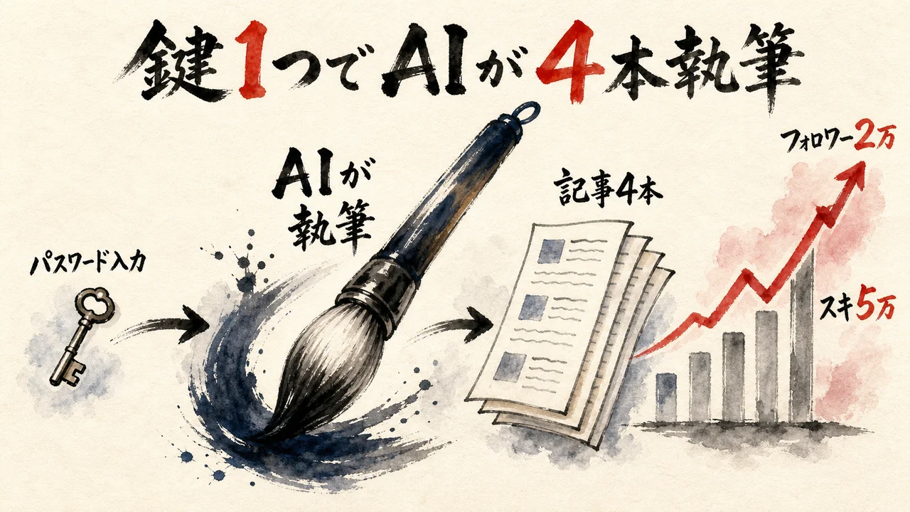 パスワード入力だけでAIが記事4本を書き、フォロワー2万・スキ5万まで伸びた流れの図解