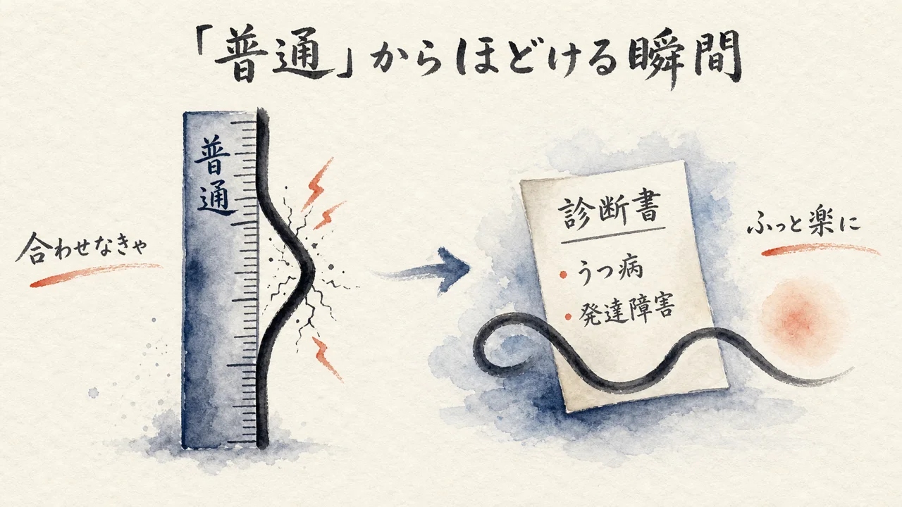 「普通」に合わせようとして折れそうになる線と、診断書を受け取ってほどける瞬間の図解