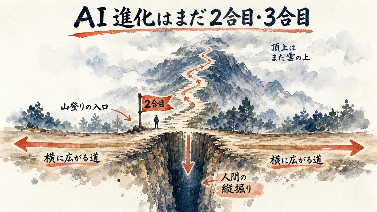 AIの進化はまだ2合目・3合目——縦掘りと横に広がる道の対比図解