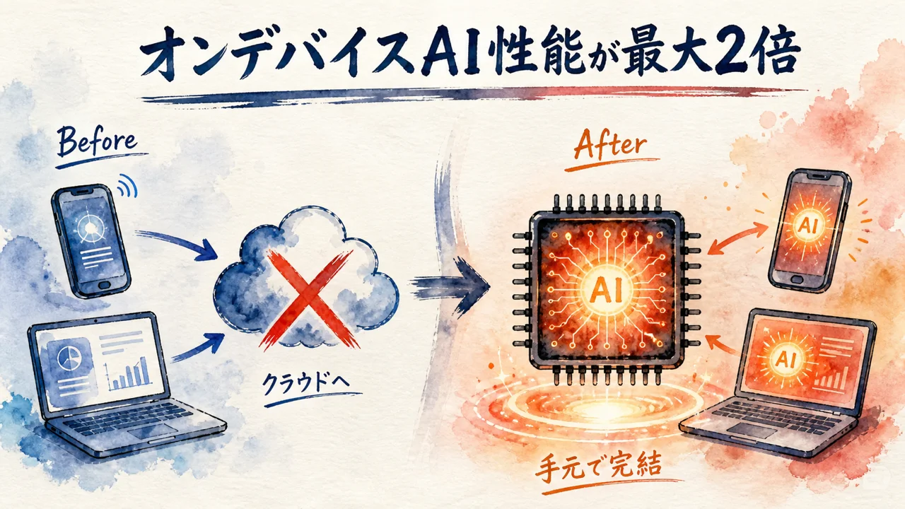 オンデバイスAI性能が最大2倍になる仕組みを示す図解