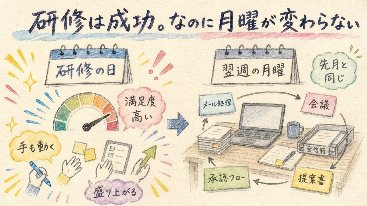研修は成功しているのに翌週の月曜が変わらない構造の図解