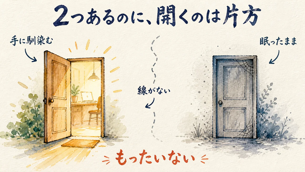 2つのAIがあるのに片方しか開いていない状態を表す扉の対比図解