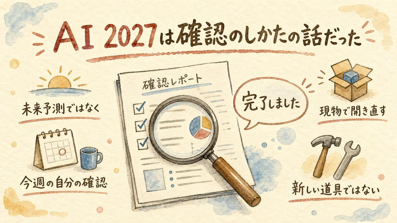 AI 2027は確認のしかたの話だったことを示す図解。虫めがねで確認レポートを見直し、未来予測ではなく今週の自分の確認だと示す