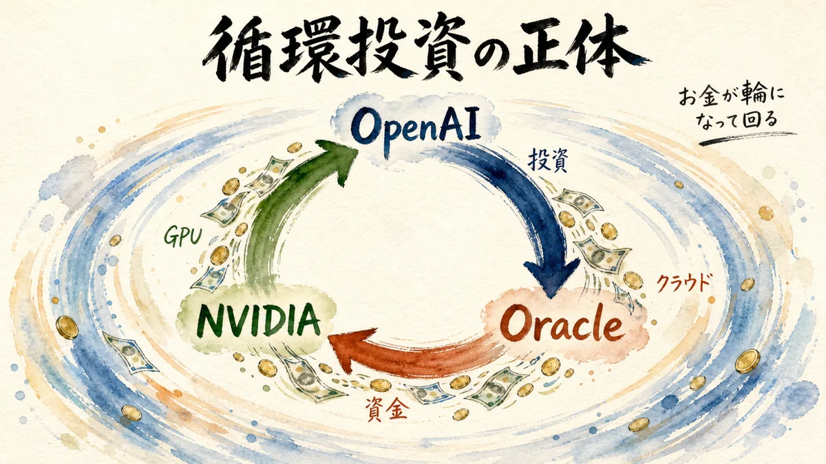 循環投資の正体、OpenAI・NVIDIA・Oracleが三角形でお金を回す図解