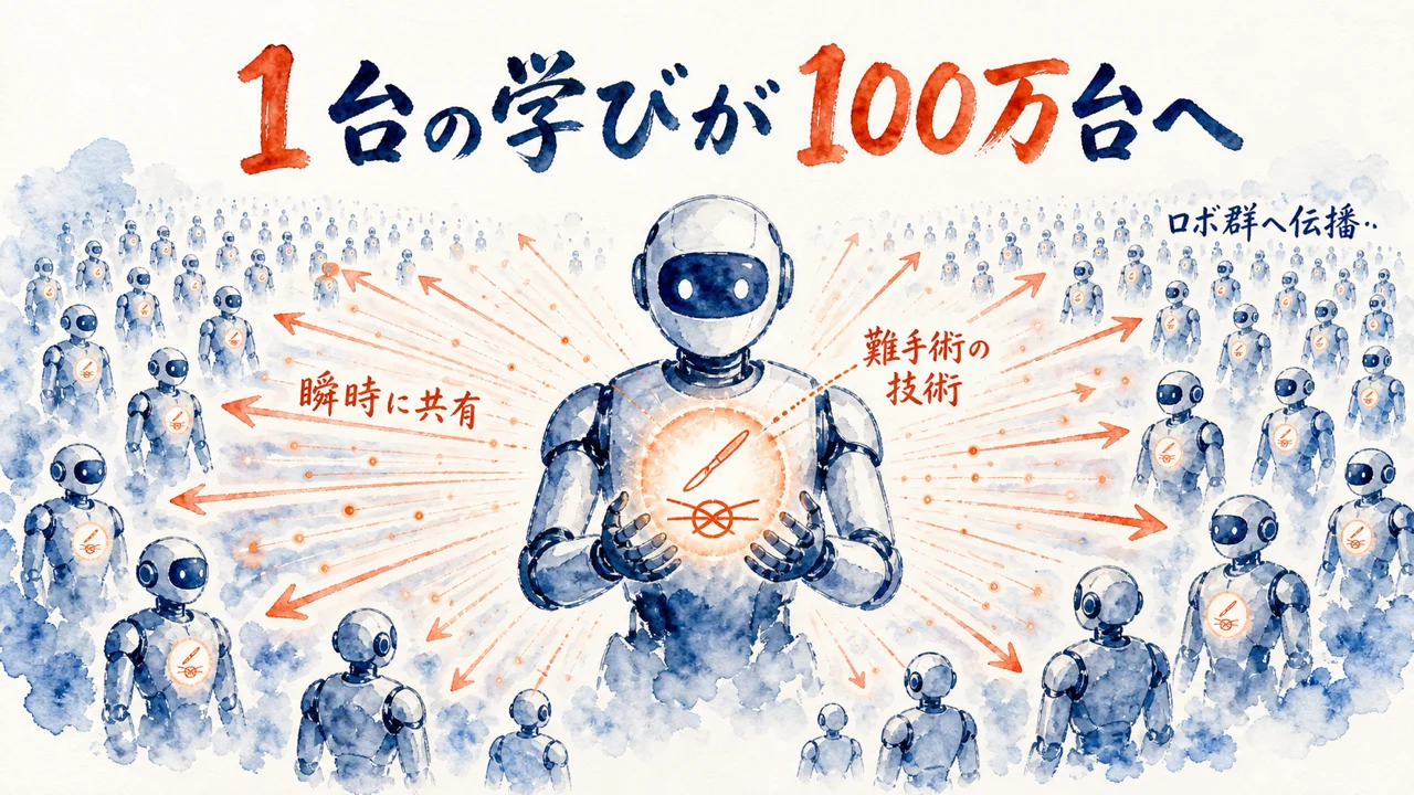 ロボット1台の学習が瞬時に100万台へ伝わる様子を示す図解