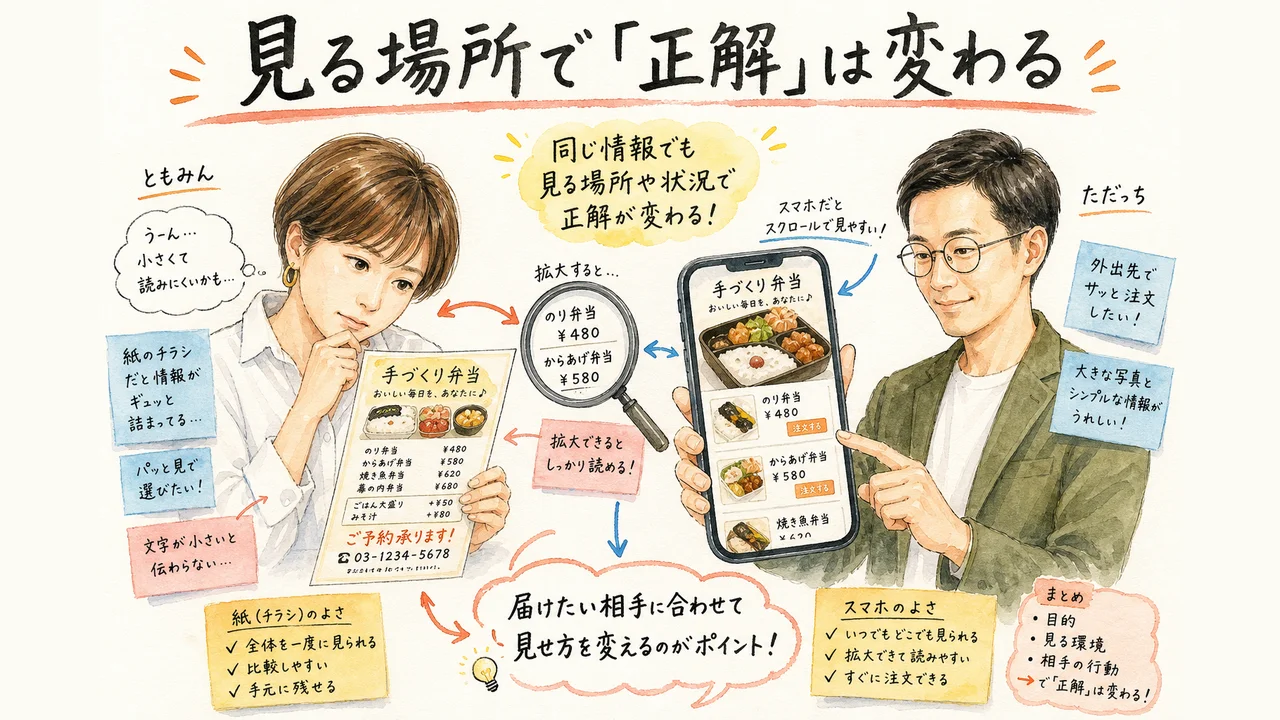 お弁当屋さんのチラシと老眼鏡のイラスト