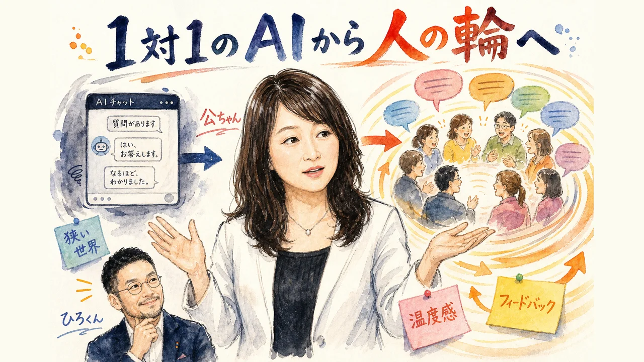 1対1のAIから人の輪へ——狭いAIチャットの世界から人の温度感とフィードバックの輪へ広がる様子を語る公ちゃんのグラレコ図解