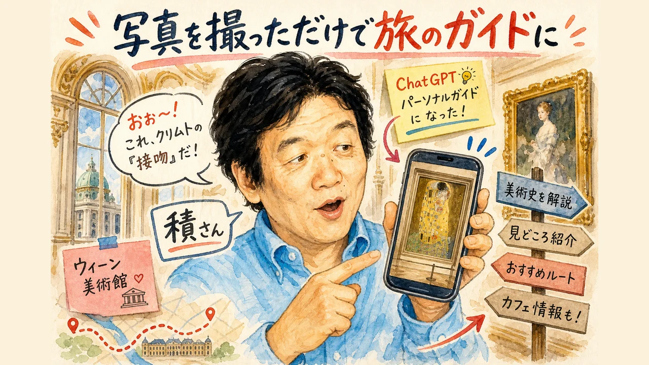 積さんがウィーンの美術館でChatGPTをガイド代わりに使う様子の図解