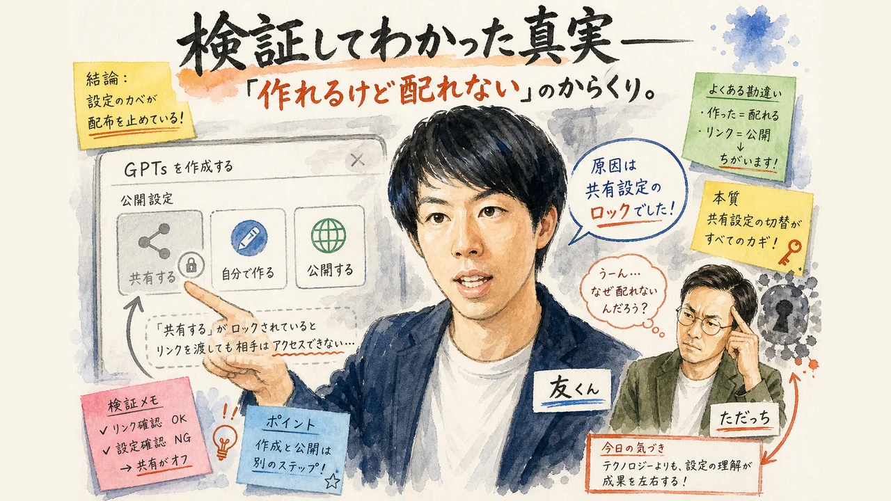 GPTs新規作成は可能だが共有は不可という実態の図解
