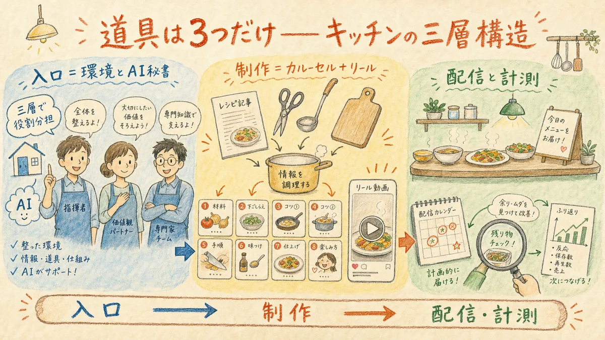 ccBooster・アシュラ秘奥義・Publerの役割分担をキッチンの三層構造で示した図解
