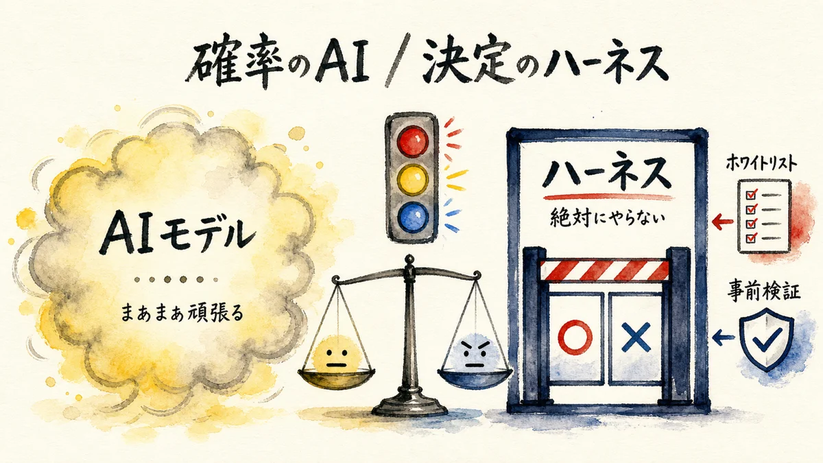 ハーネス——確率的なAIモデルと決定論的な仕組みの違いを示す図解
