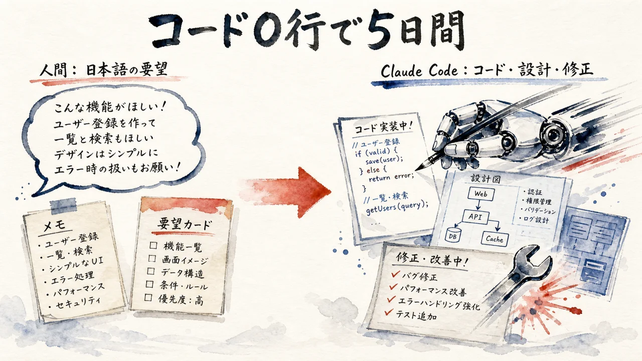 コード0行で5日間、Claude Codeに委ねる図解