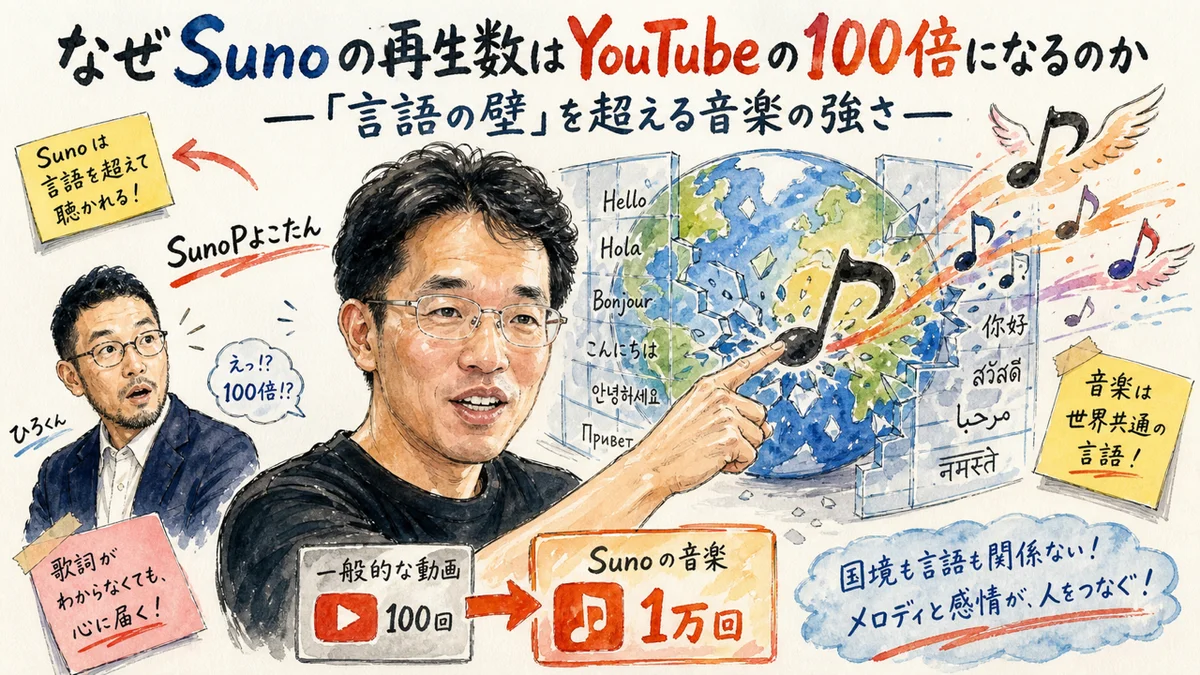 言語の壁を超える音楽とYouTubeの再生数比較の図解