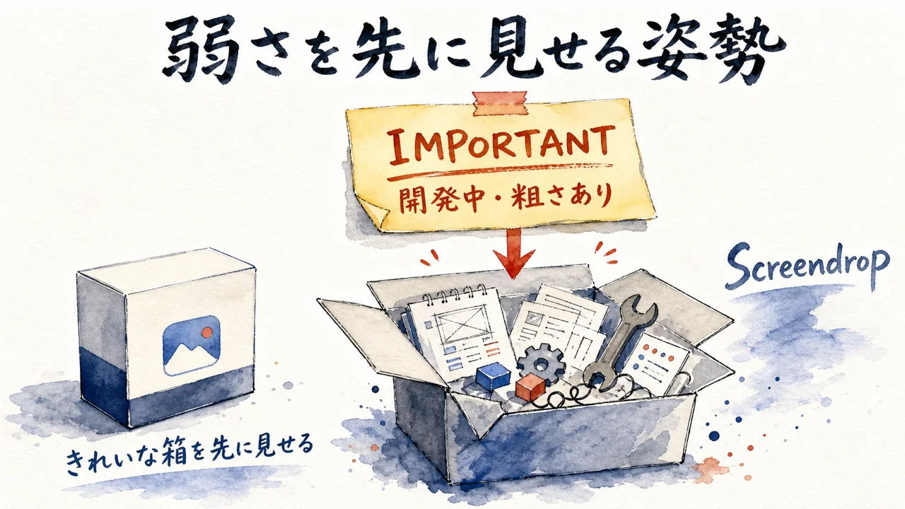 開発中で粗いという注意書きを先に見せる姿勢の図解