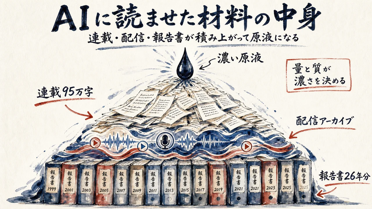 AIに読ませた材料の内訳。連載95万字・配信アーカイブ・報告書26年分が積み上がって一滴の原液になる図解