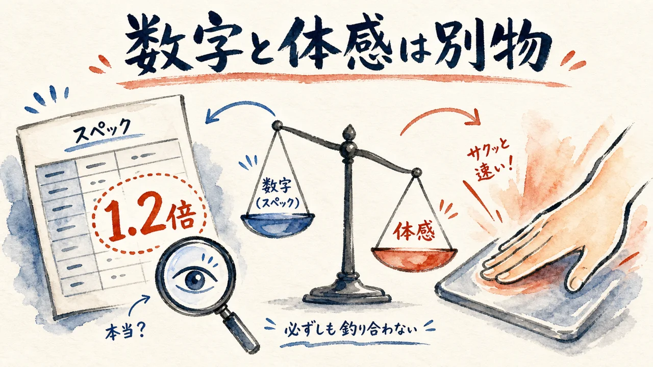 スペックの数字と体感速度が別物であることを天秤で示す図解
