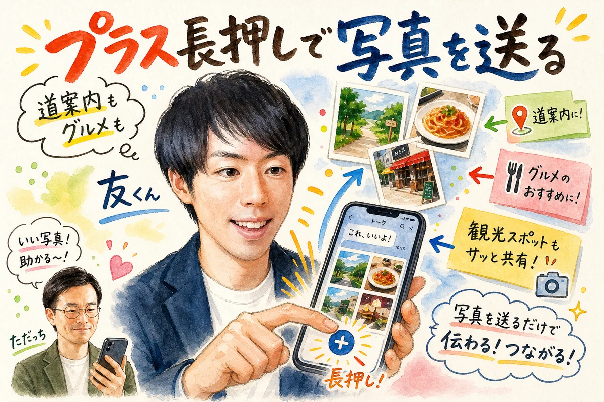 スマホのプラスボタンを長押しして写真を送る様子を表した和モダングラレコ