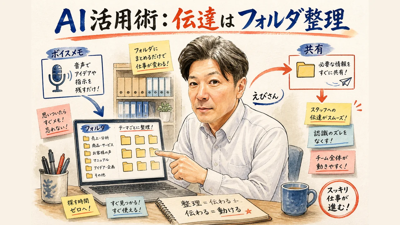 えびさんがスタッフとのコミュニケーションをAIとフォルダで整理している様子のグラフィックレコーディング