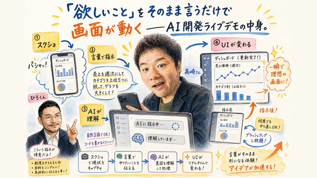 画面をキャプチャして欲しいことをそのまま伝えるだけでAIが開発を進める様子を表した和モダングラレコ